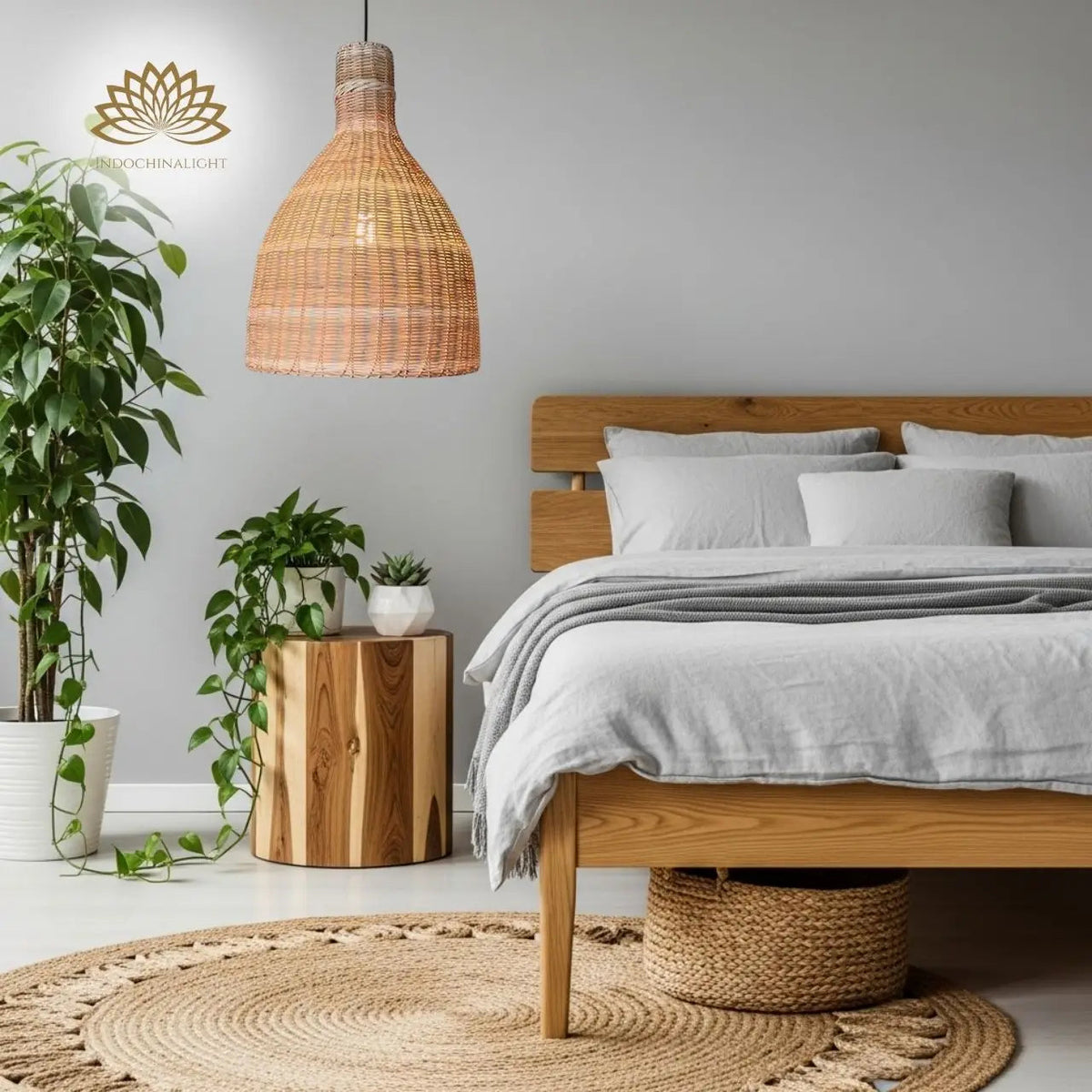 Lana Boho Wicker Rattan Pendant in bedroom, bell shade clears pillows without crowding the headboard, its dense weave keeping the glow soft for reading