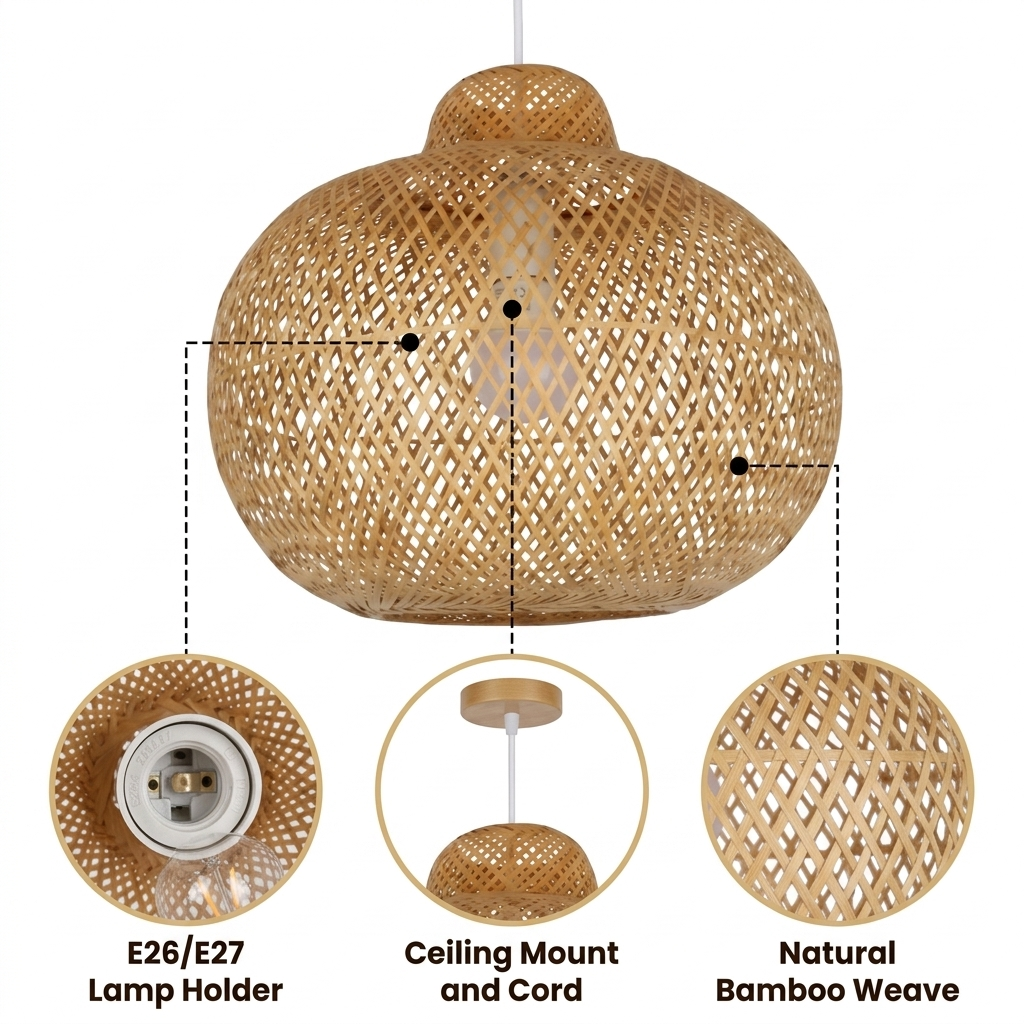 Lanna Passa Handwoven Bamboo Pendant Light with diamond-lattice crisscross weave, natural matte finish, adjustable swag or hardwired mount, one E26 socket for ambient glow