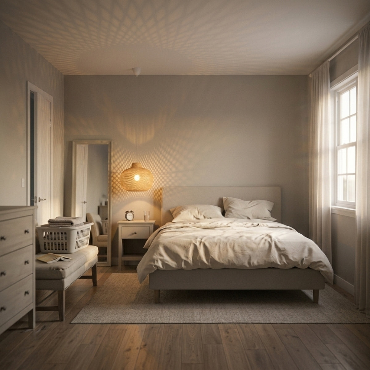 Lanna Passa Handwoven Bamboo Pendant in bedroom, small urn shade replaces a table lamp beside the bed, its open base sending light straight down for reading