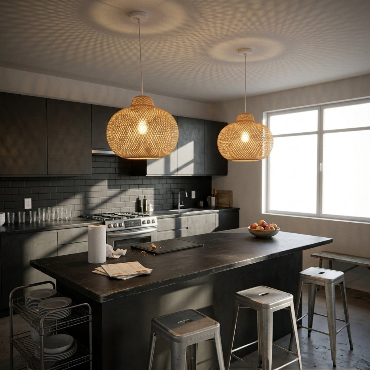 Lanna Passa Handwoven Bamboo Pendant over kitchen island, clustered urn shades spread light evenly, keeping the diamond lattice visible from both ends of the counter