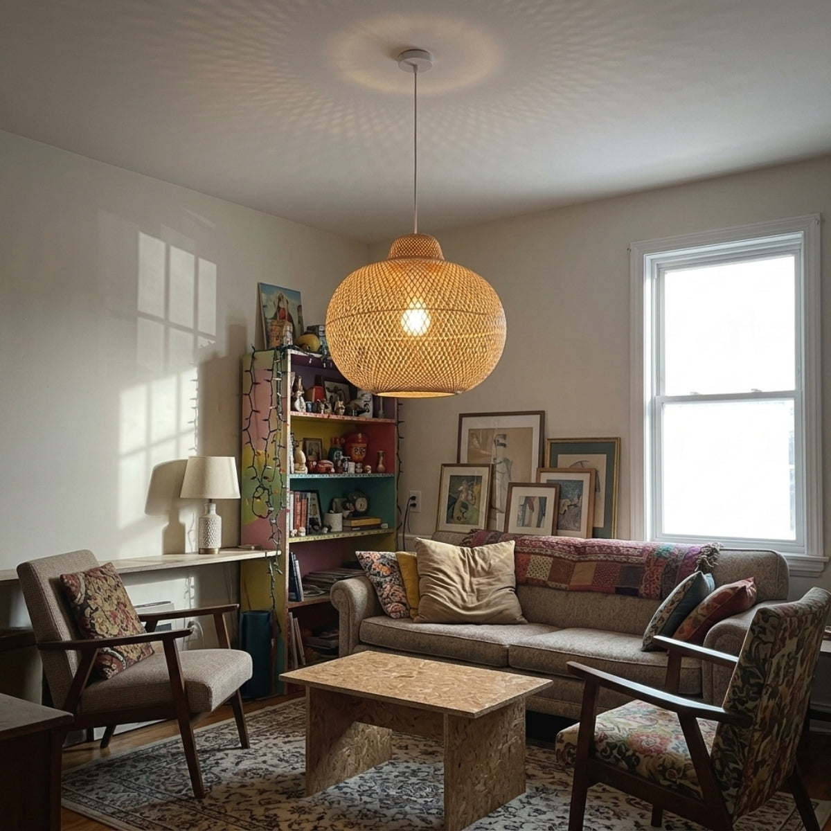 Lanna Passa Handwoven Bamboo Pendant in living room, largest urn shade reads as a centerpiece over the coffee table, its diamond lattice throwing ambient light across the wall