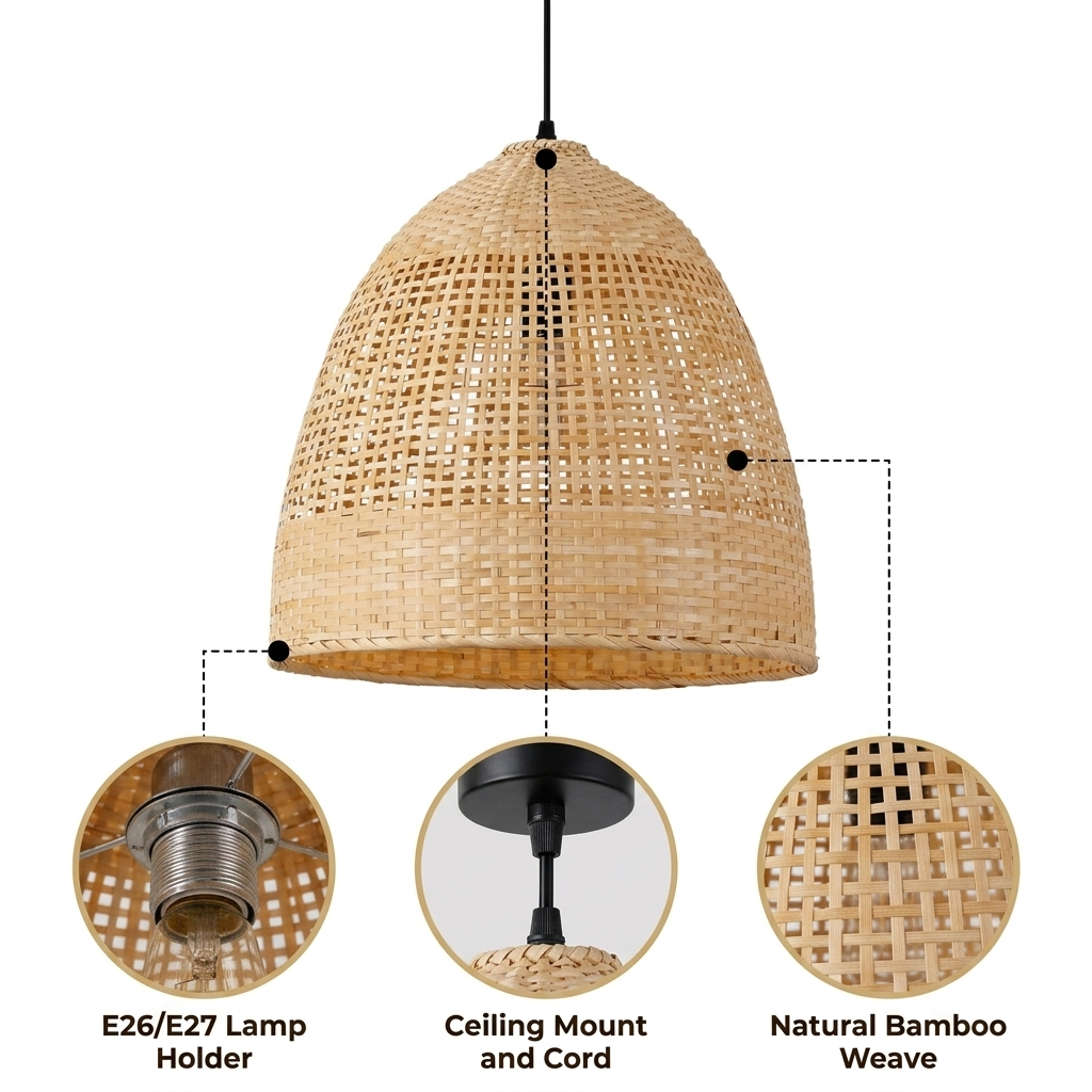 Latafa Bamboo Pendant Light Shade with graduated density basket weave opening into a lattice crown, natural matte finish, adjustable swag or hardwired mount, one E26 socket