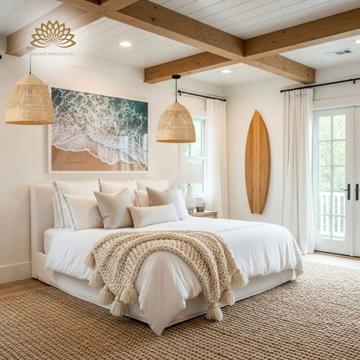 Latafa Bamboo Pendant Light in bedroom, close-weave shade works beside the bed, softening light for reading without harsh glare on the pillow
