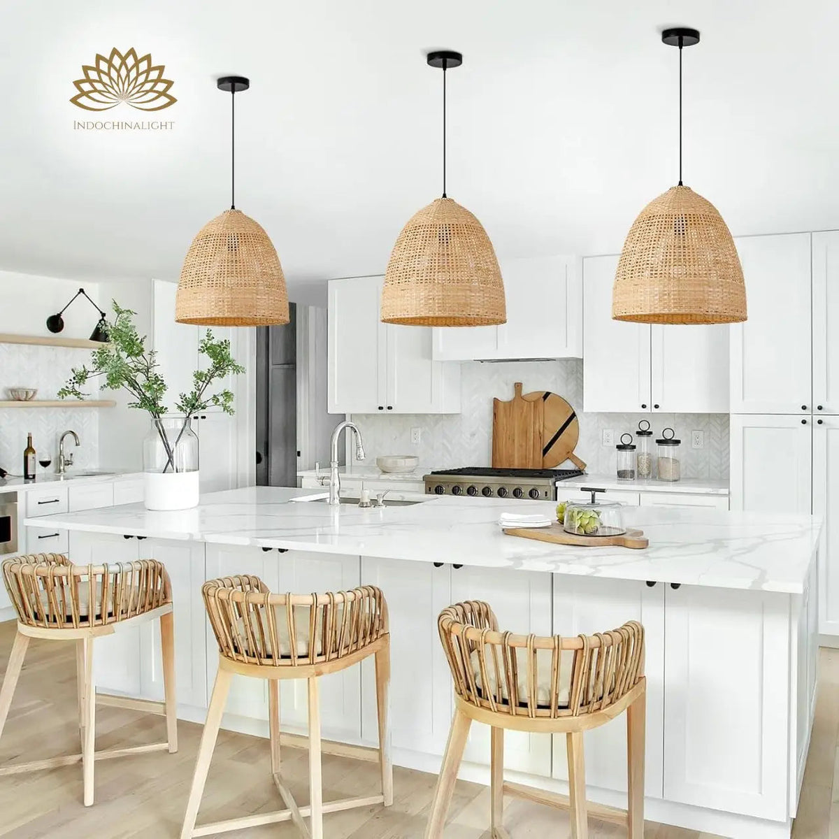 Latafa Bamboo Pendant Light over kitchen island, repeated shades give even task light without one dome dominating, the weave pattern reading as a row