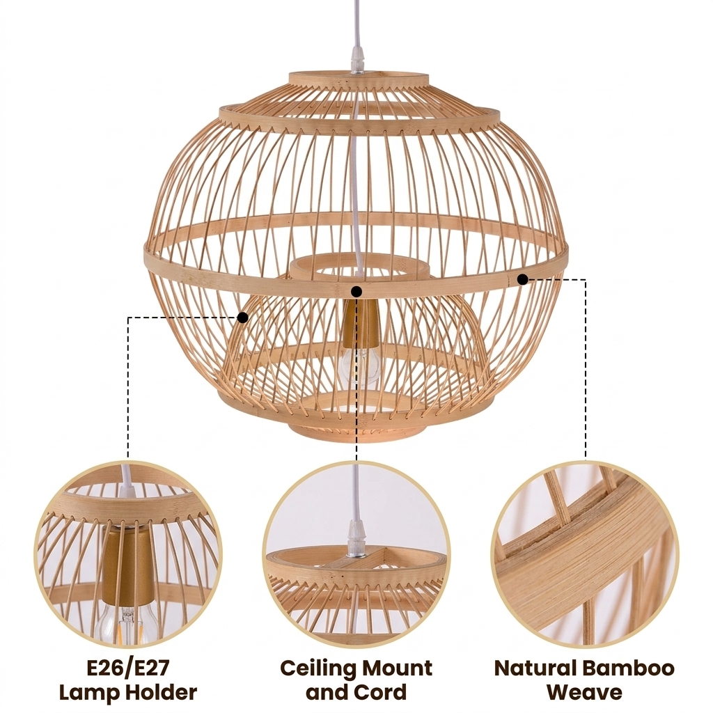 Lattice Round Bamboo Pendant Light with open lattice weave of wide vertical bamboo slats, natural matte finish, adjustable hanging mount, E26 socket for warm ambient glow