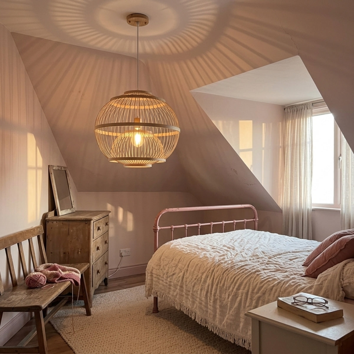 Lattice Round Bamboo Pendant Light in bedroom, compact globe replacing a table lamp beside the bed, its lattice weave casting soft rippling shadows on the ceiling