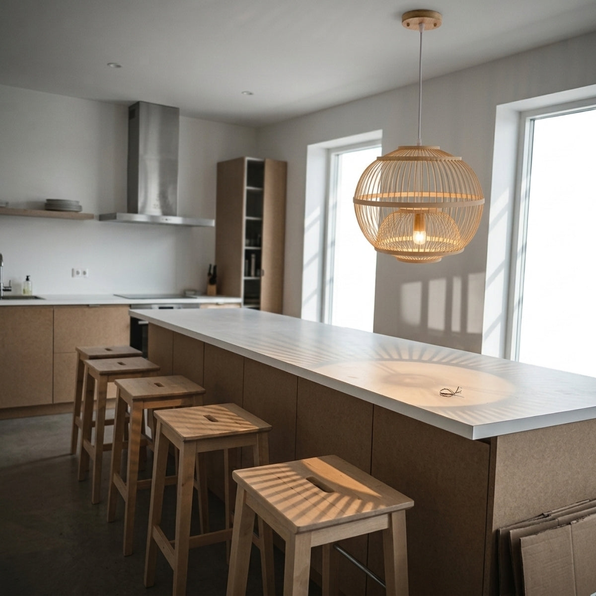 Lattice Round Bamboo Pendant Light over kitchen island, three clustered globes spaced 18-22 inches apart, open-lattice shadow spread evenly across the prep counter