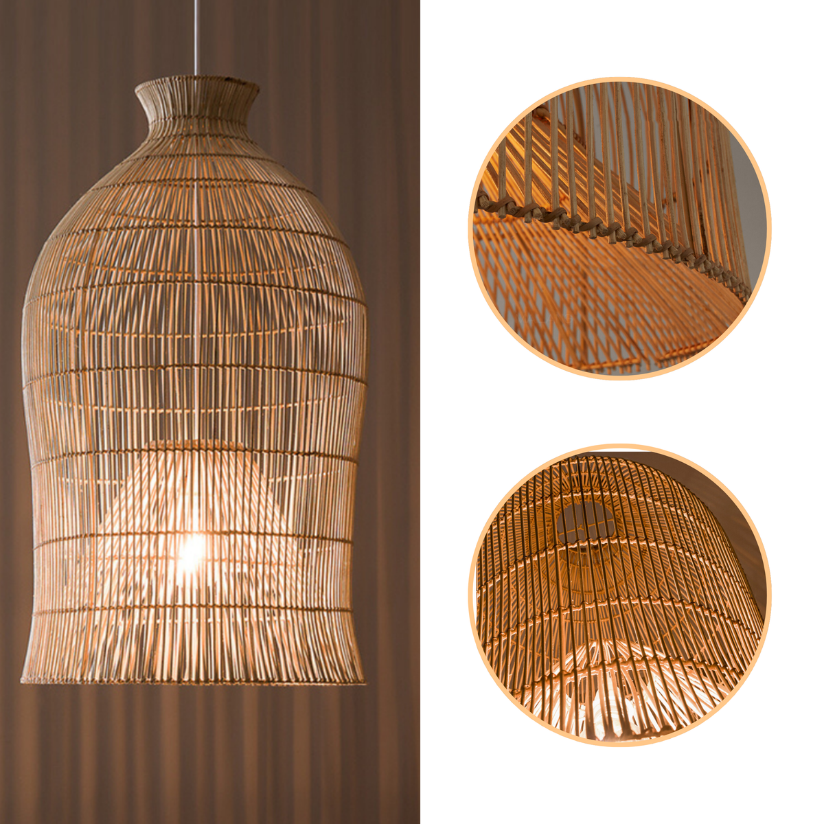 Lavinia Charming Bell Rattan Pendant Light with open spiral rattan weave, natural matte finish, adjustable suspension mount, single E26 socket casting warm ambient light
