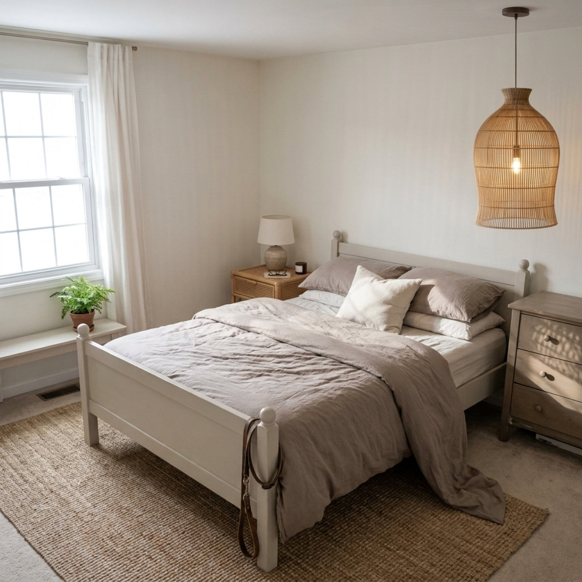 Lavinia Charming Bell Rattan Pendant Light in bedroom, compact bell replacing a table lamp beside the bed, casting a soft low glow at reading height