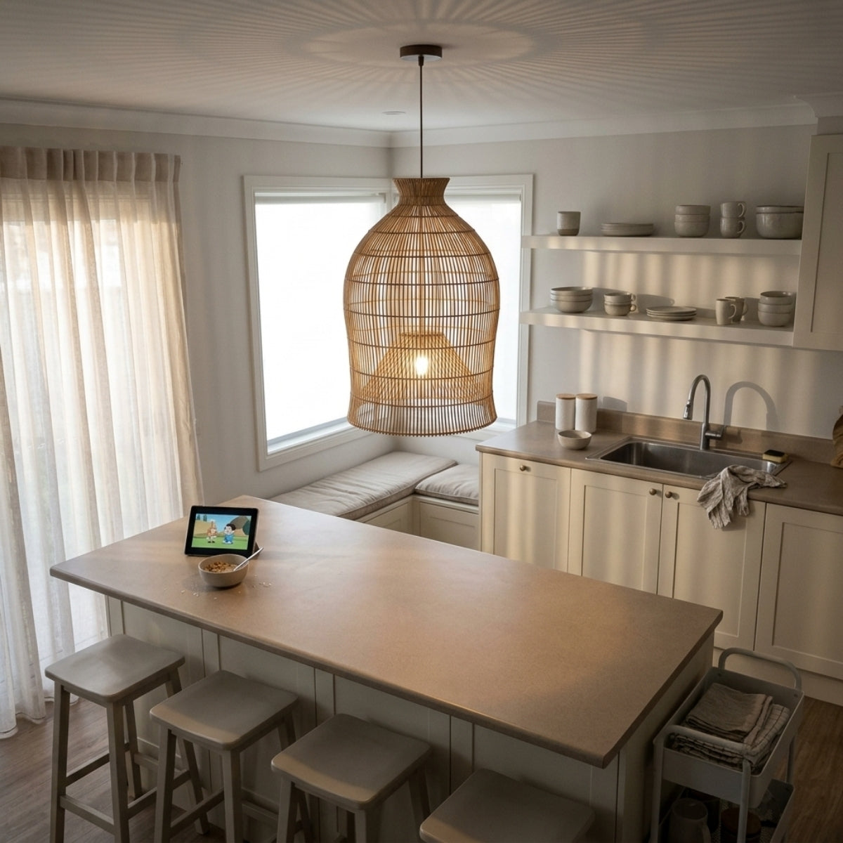 Lavinia Charming Bell Rattan Pendant Light over kitchen island, clustered bell shades in a row spreading even spiral-filtered light across the work surface below