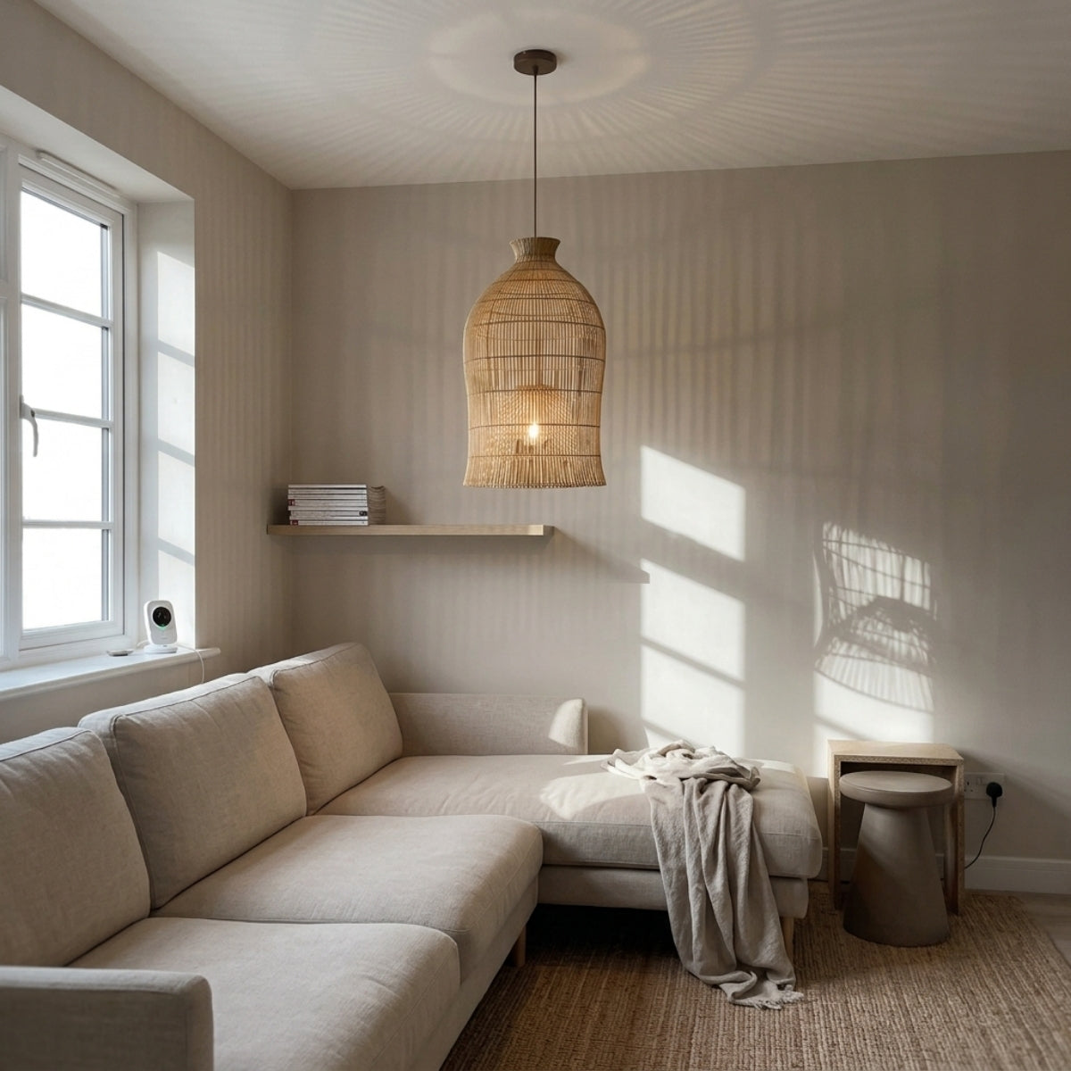 Lavinia Charming Bell Rattan Pendant Light in living room, tapered bell hanging as a centerpiece over the coffee table with soothing spiral-woven texture and glow