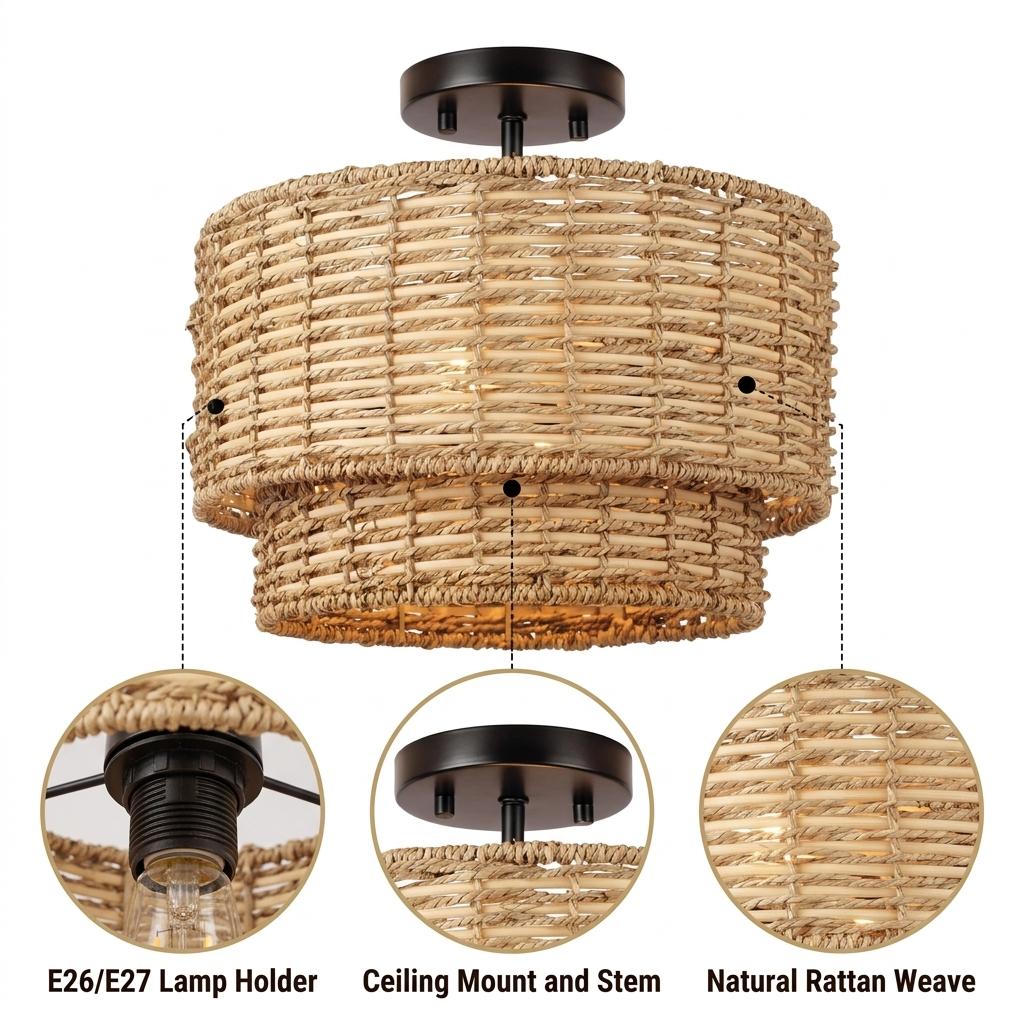 Lennie Wicker Rattan Double Drum Light with dual-tier horizontal basket-weave drums, natural matte finish, semi-flush ceiling mount, E26 socket balancing upward and downward glow