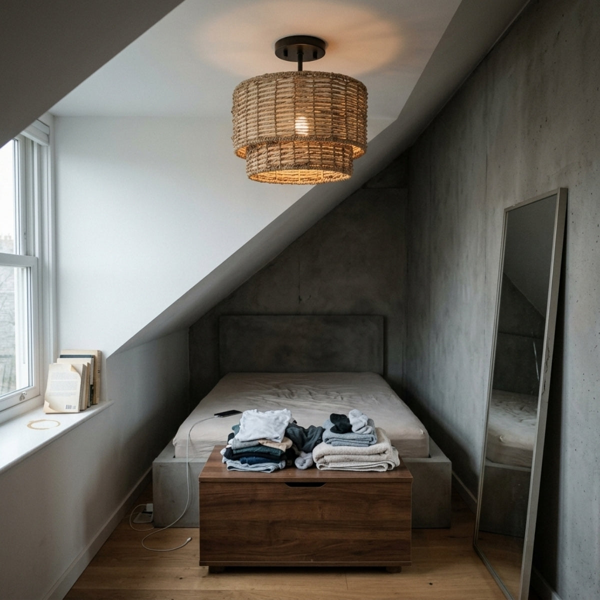 Lennie Wicker Rattan Double Drum Light in bedroom, smallest tier sitting close to the ceiling beside the bed, its woven glow avoiding glare on the pillow