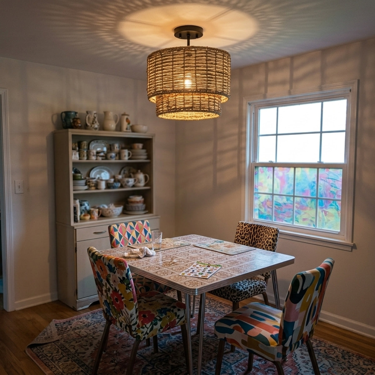 Lennie Wicker Rattan Double Drum Light in dining room, mid-size drum spreading warm filtered light evenly across the tabletop without glare at eye level