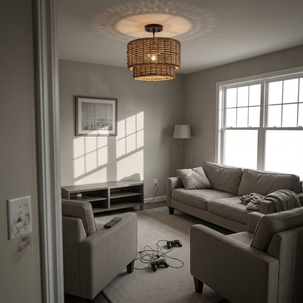 Lennie Wicker Rattan Double Drum Light in living room, largest tier centered over the seating group, its woven texture reading clearly against the low ceiling
