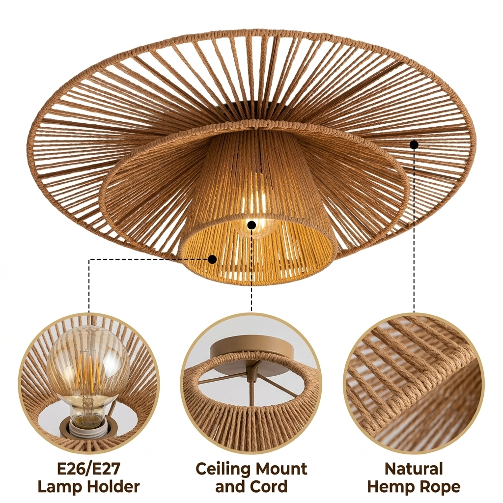Levan Wabi Sabi Hemp Rope Ceiling Light with spoke-radiating rope wrap from a dense center, brown matte finish, flush ceiling mount, E26 socket for ambient glow