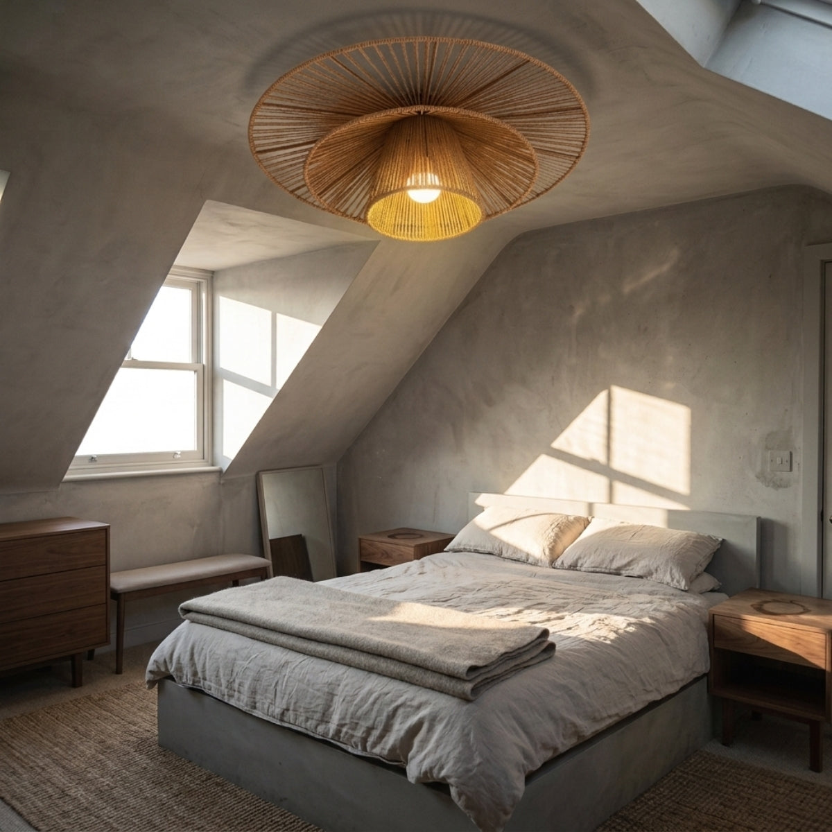 Levan Wabi Sabi Hemp Rope Ceiling Light in bedroom, compact size beside the bed, open center casting soft downlight while rope structure filters ambient glow