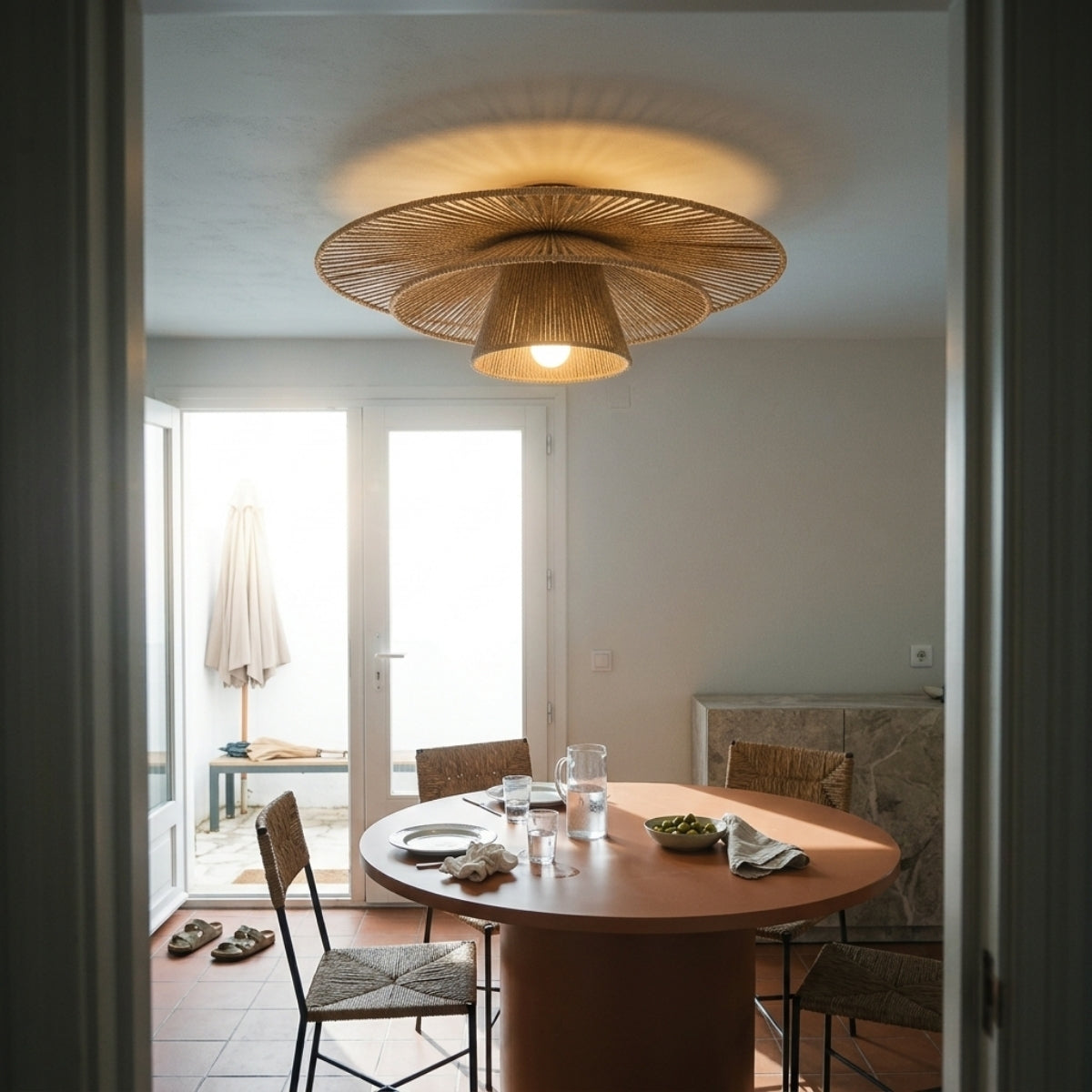 Levan Wabi Sabi Hemp Rope Ceiling Light in dining room, wide dome covering the tabletop end to end, concentrated light down through the center weave