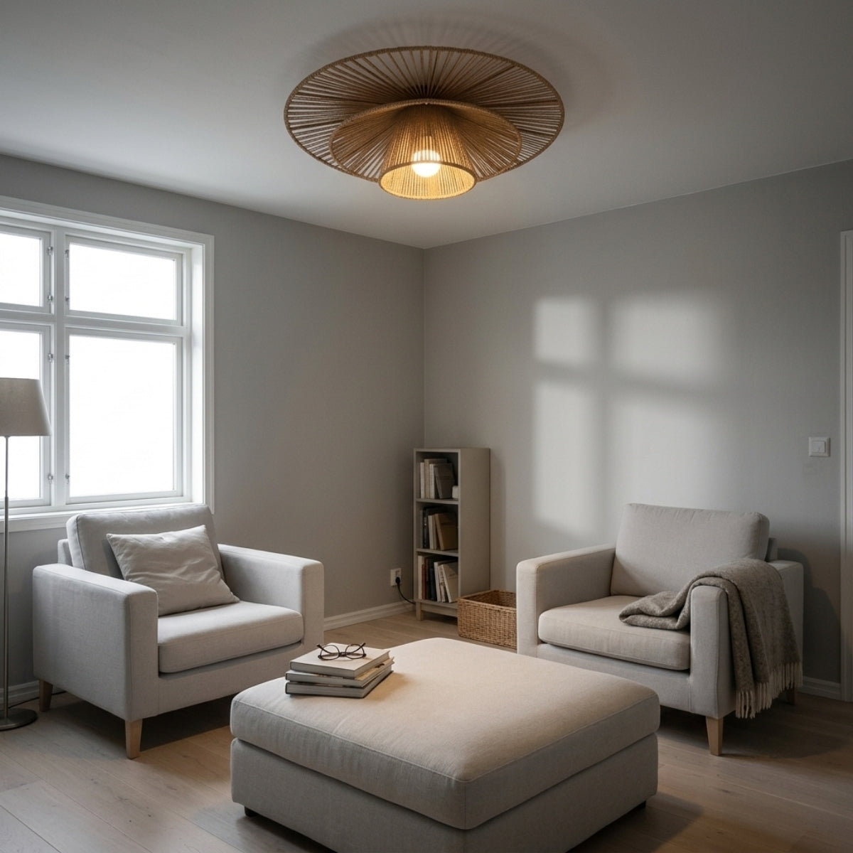 Levan Wabi Sabi Hemp Rope Ceiling Light in living room, largest size anchoring the seating area, its radiating spokes throwing shadow patterns across the ceiling