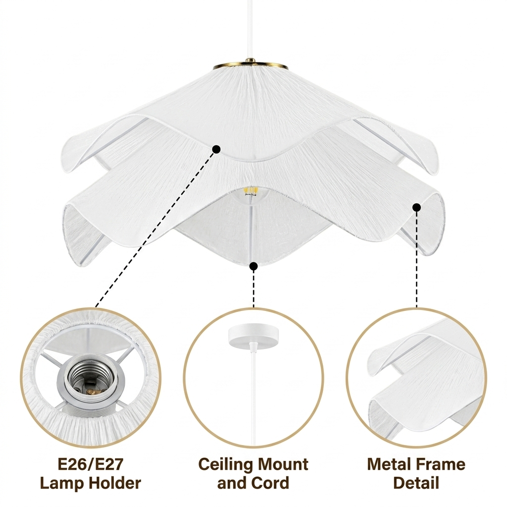 Lia Wabi Sabi Fabric Pendant Light with hand-pleated fabric folds, white matte finish, adjustable suspension mount, E26 socket directing warm task light with ambient ceiling wash