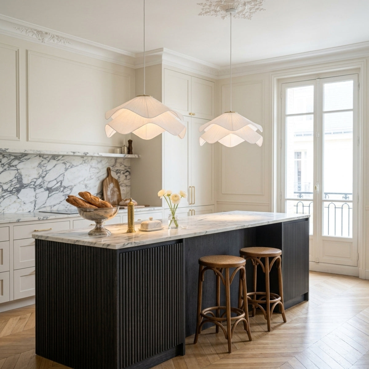 Lia Wabi Sabi Fabric Pendant Light over kitchen island, clustered pleated fabric cones spaced along the counter casting a soft filtered glow and focused downlight for food prep