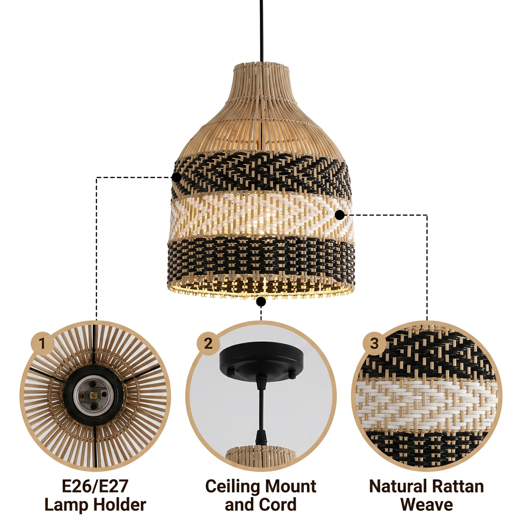 Littleglovo Small Basket Rattan Pendant Light with dense two-tone rattan and black wicker weave, black matte finish, adjustable suspension mount, E26 socket for ambient glow