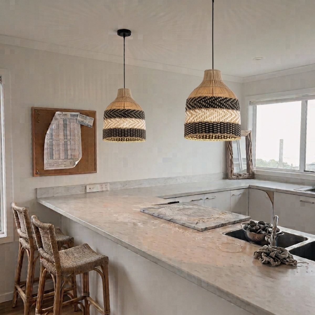 Littleglovo Small Basket Rattan Pendant Light over kitchen island, clustered small baskets keeping sightlines open, spreading even task light without visual clutter below