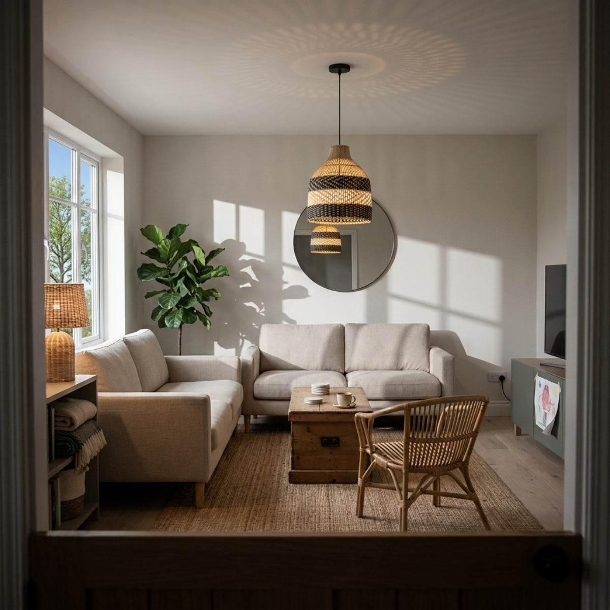 Littleglovo Small Basket Rattan Pendant Light in living room, large bell anchoring the seating area above the coffee table with warm ambient light, not glare
