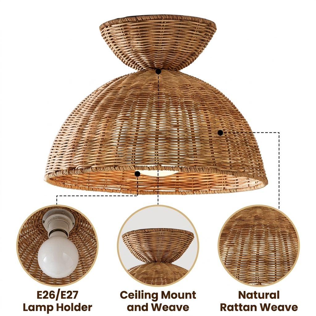 Liz Rattan Pendant Light with hand-woven open diagonal strip weave, natural matte finish, adjustable suspension mount, E26 socket softening bulb output into diffused warm light