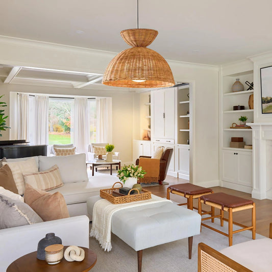 Liz Rattan Pendant Light hanging in living room