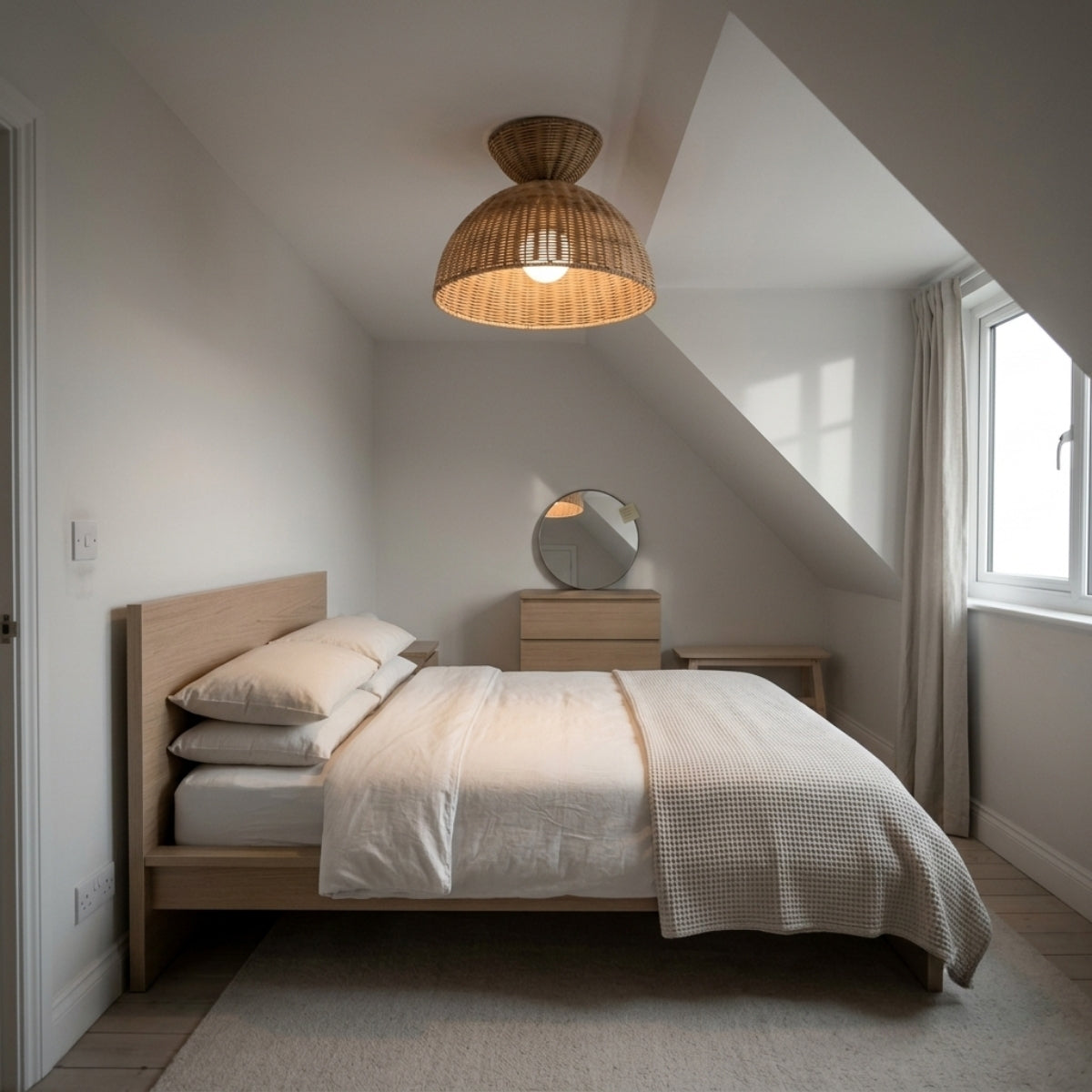 Liz Rattan Pendant Light in bedroom, compact dome sitting close beside the bed, open diagonal weave keeping the glow soft for late reading
