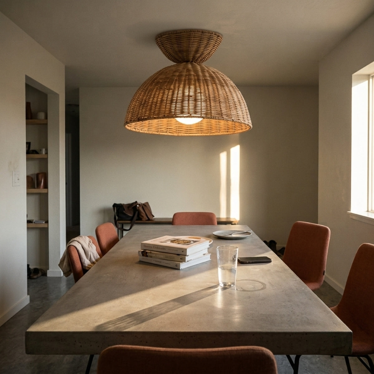 Liz Rattan Pendant Light in dining room, wide dome covering a standard table, the tapered shape keeping glare low across seated eye level