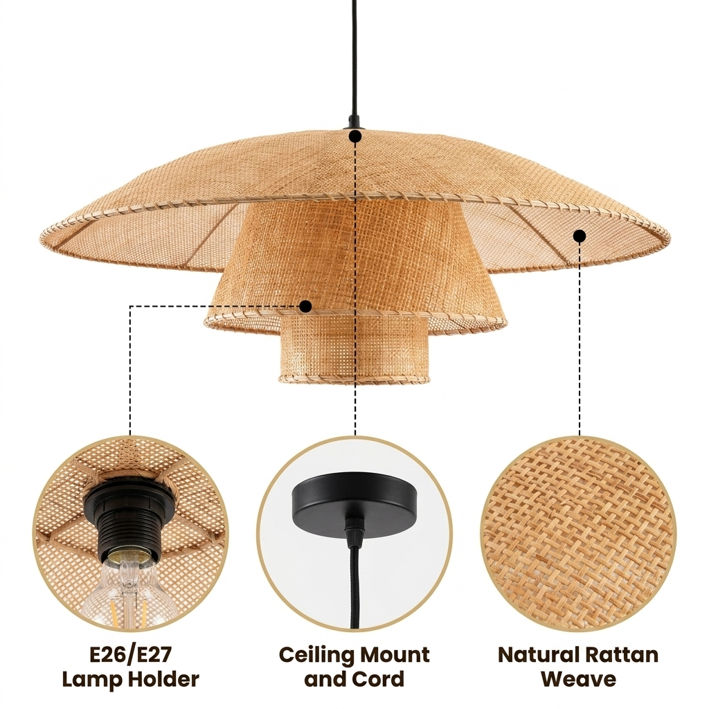 Lola Rattan Pendant Light with open hand-plaited rattan strip weave in a tiered dome, natural matte finish, adjustable suspension mount, E26 socket for ambient glow