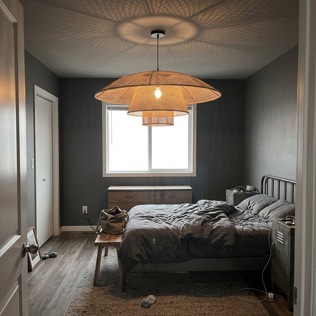 Lola Rattan Pendant Light in bedroom, compact tiered dome beside a single nightstand, tight tiers casting soft light without overwhelming the small surface