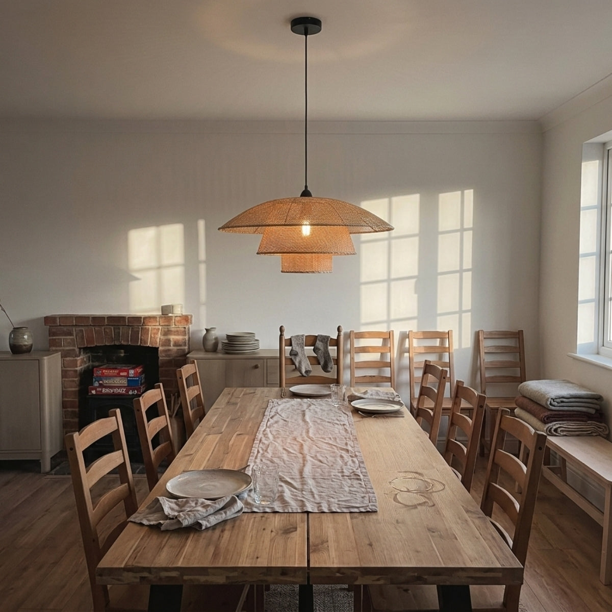 Lola Rattan Pendant Light in dining room, mid-size tiered dome centered above the table, warm light reaching plates evenly without glare at eye level