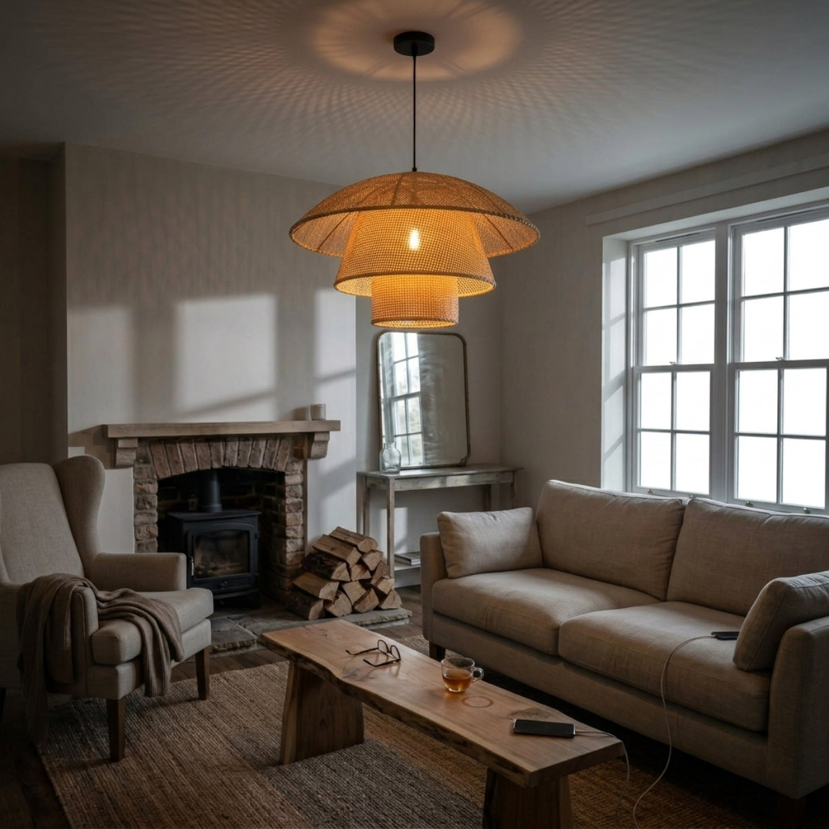 Lola Rattan Pendant Light in living room, wide tiered dome hanging as an ambient centerpiece over the coffee table, tiers staying in view from the sofa