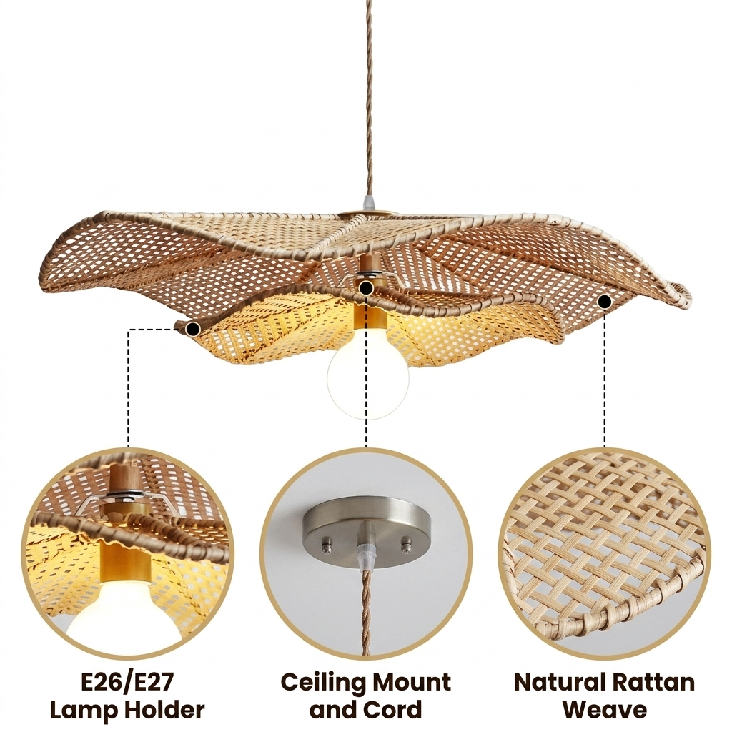 Lotus Leaf Rattan Pendant Light with open-weave rattan strips in a lotus leaf silhouette, natural matte finish, adjustable suspension mount, E26 socket for ambient glow