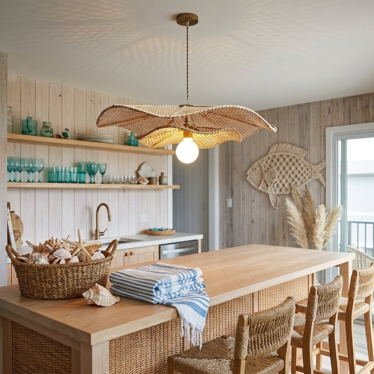 Lotus Leaf Rattan Pendant Light over kitchen island, tan and honey open-lattice leaf shade with fringed edge above a butcher-block island and leather stools