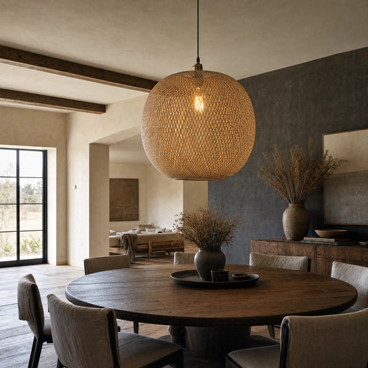 Lucy large round bamboo pendant light over dining table