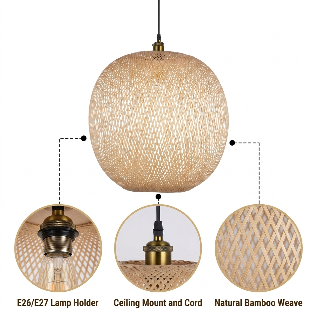 Lucy Woven Round Bamboo Pendant Light with open bamboo mesh weave, natural matte finish, adjustable suspension mount, E26 socket directing task light with ambient ceiling wash