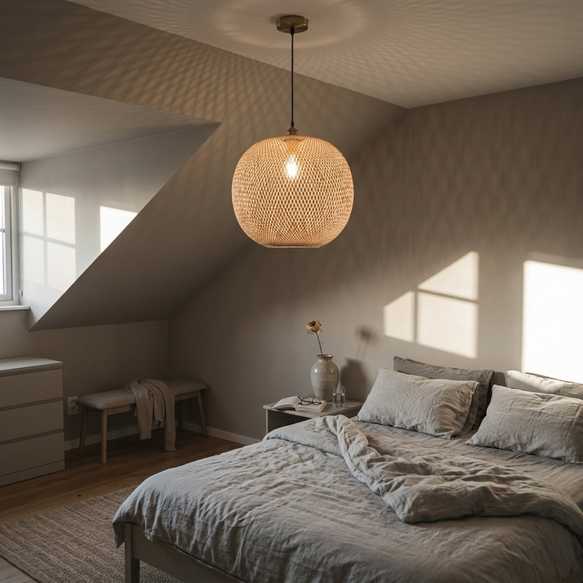 Lucy Woven Round Bamboo Pendant Light in bedroom, compact globe replacing a table lamp, open weave giving a soft dappled glow instead of a direct beam