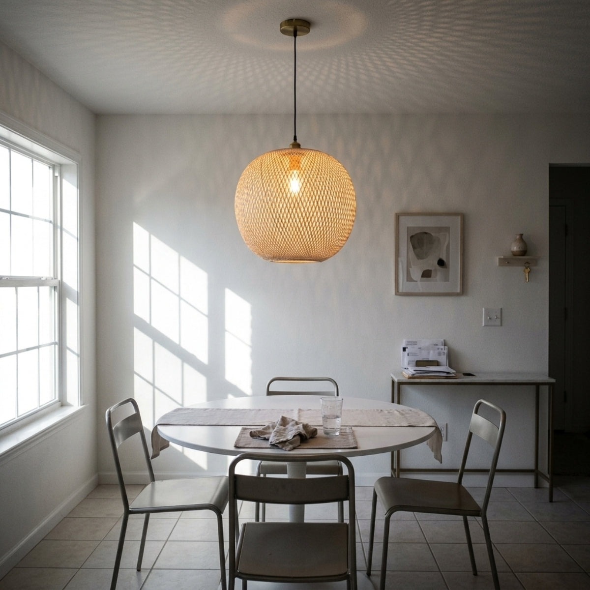 Lucy Woven Round Bamboo Pendant Light in dining room, mid-size globe centered above the table, open weave covering the tabletop with soft glare-free light