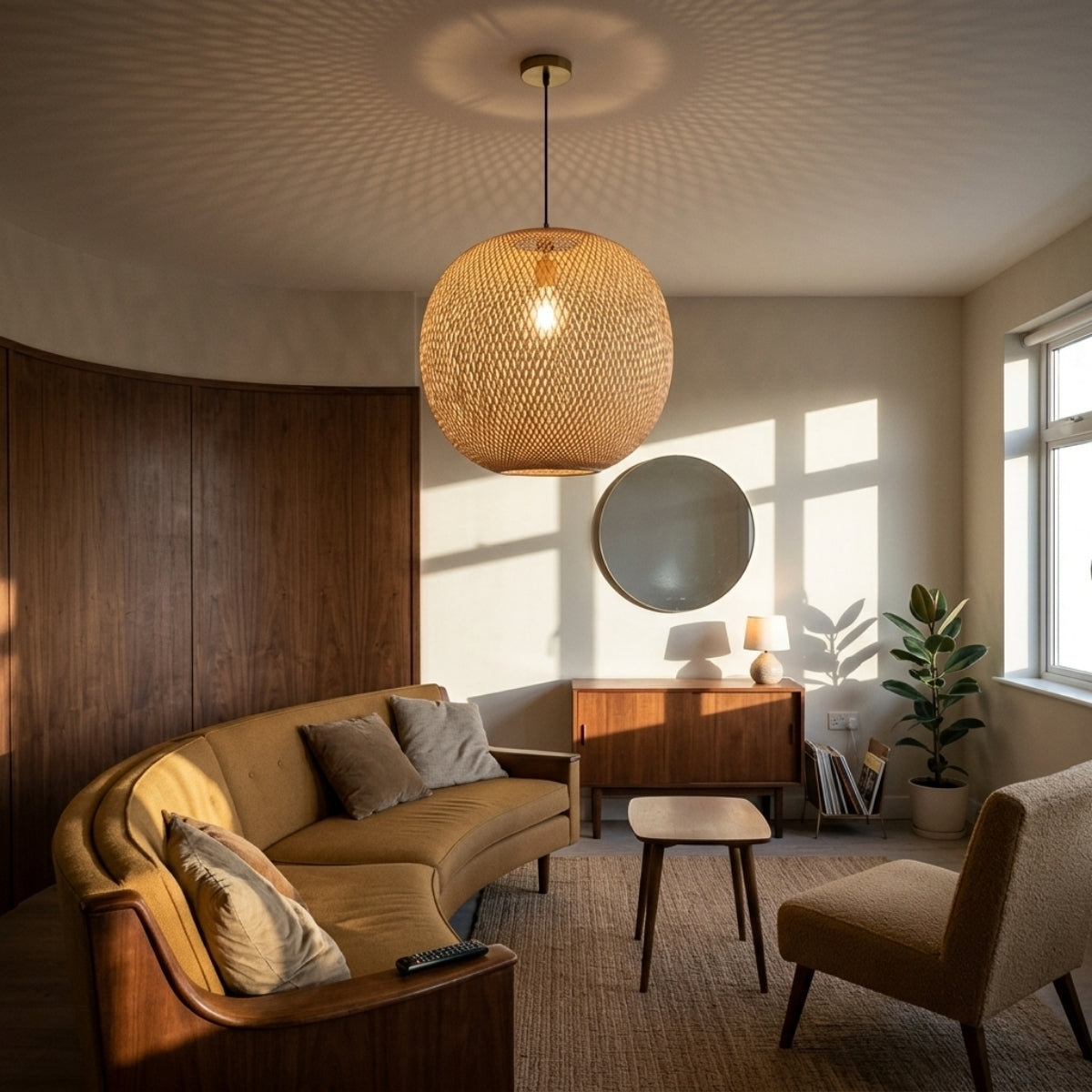 Lucy Woven Round Bamboo Pendant Light in living room, large globe centered over the coffee table, open weave casting ambient light across the sofa without glare