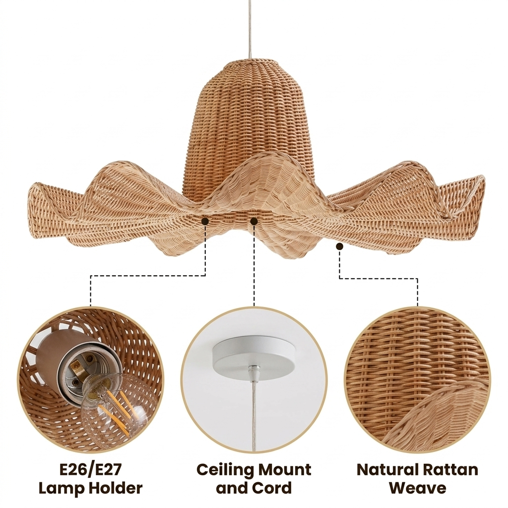 Luna Wicker Rattan Pendant Light with open woven dome and sculptural wave extensions, natural matte finish, adjustable suspension mount, E26 socket for warm ambient glow