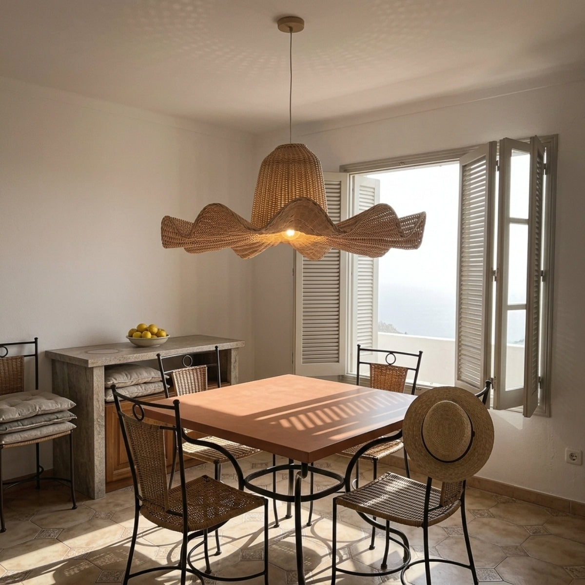 Luna Wicker Rattan Pendant Light in dining room, domed weave throwing focused light onto place settings while wave extensions scatter soft shadows across the ceiling
