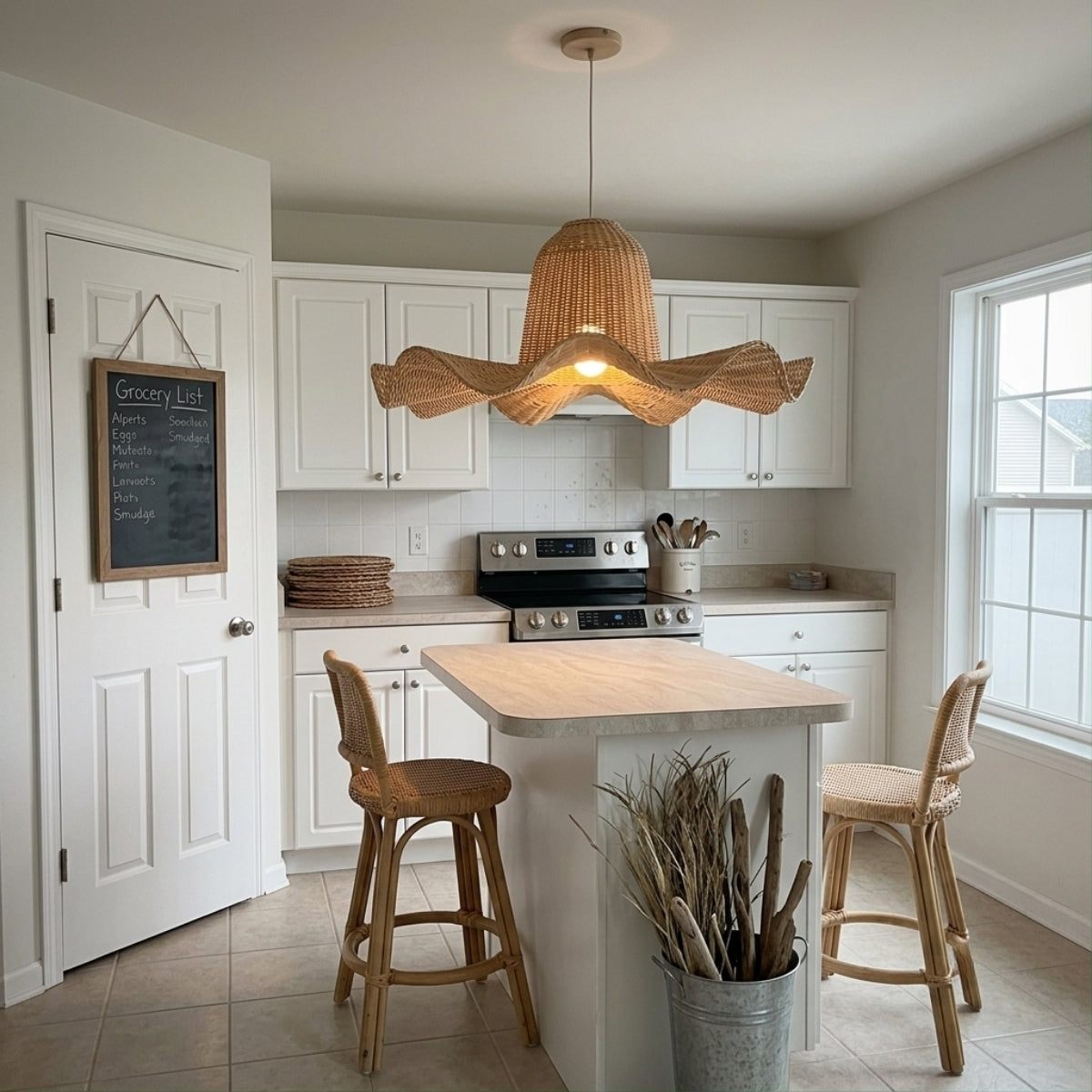 Luna Wicker Rattan Pendant Light over kitchen island, tightly woven dome delivering usable task light for prep work, wave extensions framing the fixture overhead