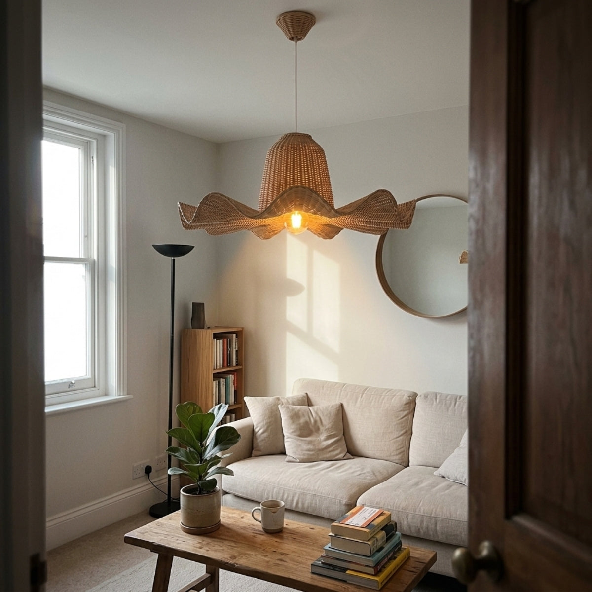 Luna Wicker Rattan Pendant Light in living room, sculptural centerpiece with wave extensions casting slow-moving shadows across the walls near the sofa and coffee table