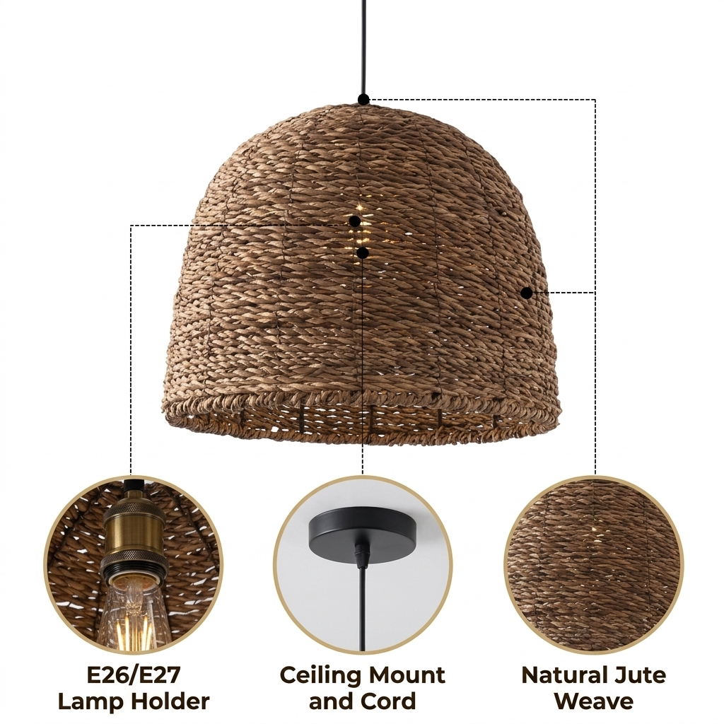 Lydia Wabi Sabi Wicker Pendant Light with tight horizontal wicker weave, natural matte finish, adjustable suspension mount, E26 socket diffusing warm ambient light evenly