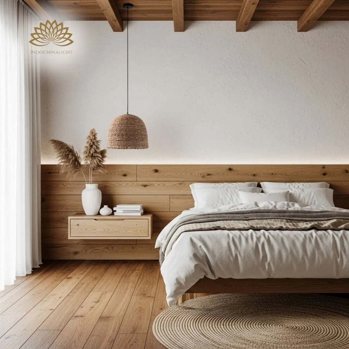 Lydia Wabi Sabi Wicker Pendant Light in bedroom, compact dome hung above the nightstand in place of a lamp, tight weave keeping the glow soft