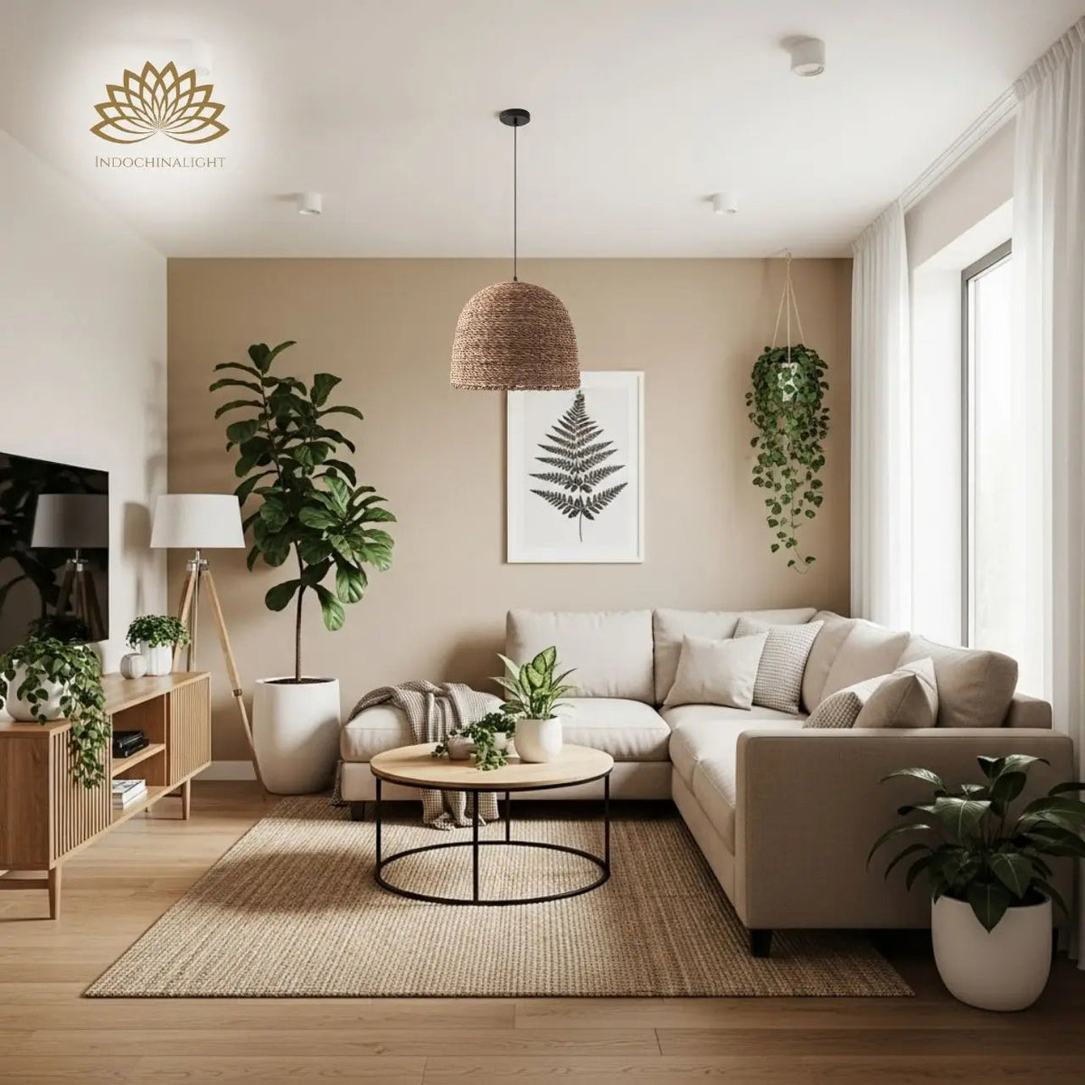 Lydia Wabi Sabi Wicker Pendant Light in living room, large dome reading as a centerpiece above the coffee table without crowding the sofa line below